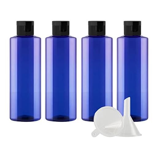 ZEOABSY 4 pezzi 200 ml blu bottiglie di plastica pet con tappo flip top nero, spalla piatta contenitori per cosmetico, bottiglie da viaggio per lozioni, liquido, olio