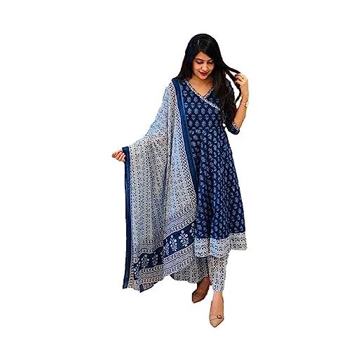Vastraghar set kurta da donna, tunica indiana, in cotone o rayon, kurti con pantaloni palazzo, abbigliamento da festa, blu, small