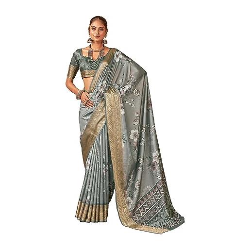 STYLE INSTANT sari con stampa floreale digitale in seta di cotone | sari etnico indiano indossare con camicetta non cucita | zari border, blu pavone, etichettalia unica