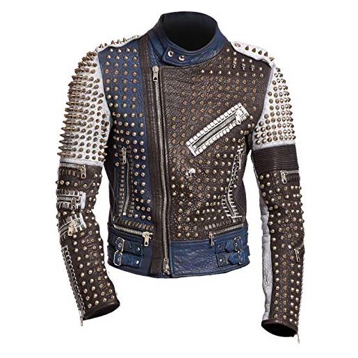 LP-FACON - giacca da motociclista da uomo con borchie, in pelle, colore: blu e marrone marrone blu bianco xl