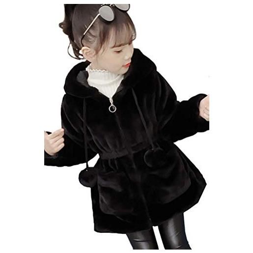 Nemopter - cappotto da ragazza, in finta pelliccia con cappuccio, alla moda, invernale, caldo, spesso, per bambine da 3 a 14 anni, nero , 140 cm(8-9 anni)