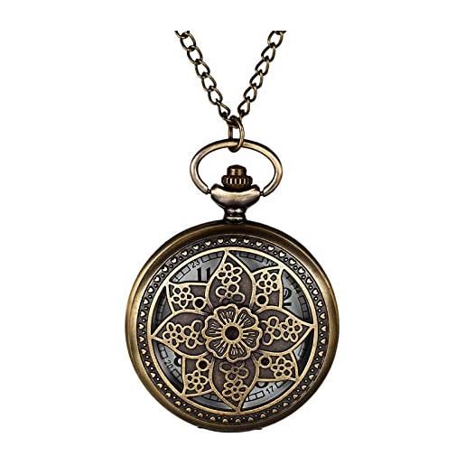 Avaner orologio da tasca con catena drago alce fiori analogico al quarzo con numeri arabi pocket watch per donne uomini, petalo-2