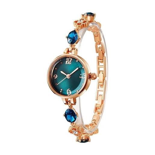 TIME100 orologio donna analogico al quarzo con bracciale in rame intarsiato con pietre preziosecon orologio elegante impermeabile(blu)