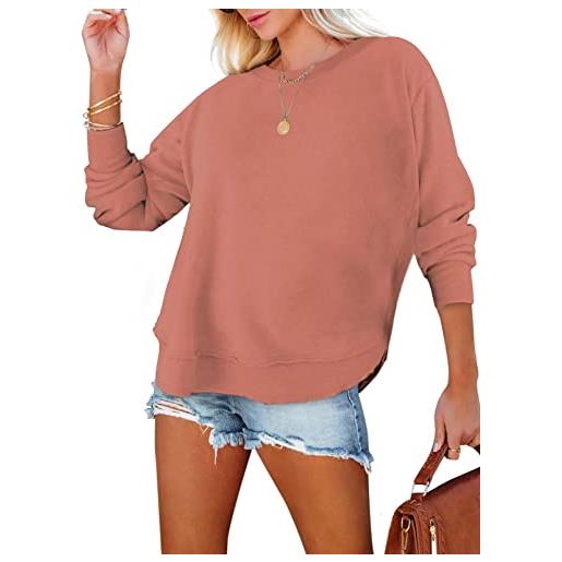 BLENCOT maglietta a maniche lunghe da donna, con scollo rotondo, casual, basic, in tinta unita, in cotone, colore: rosso, l