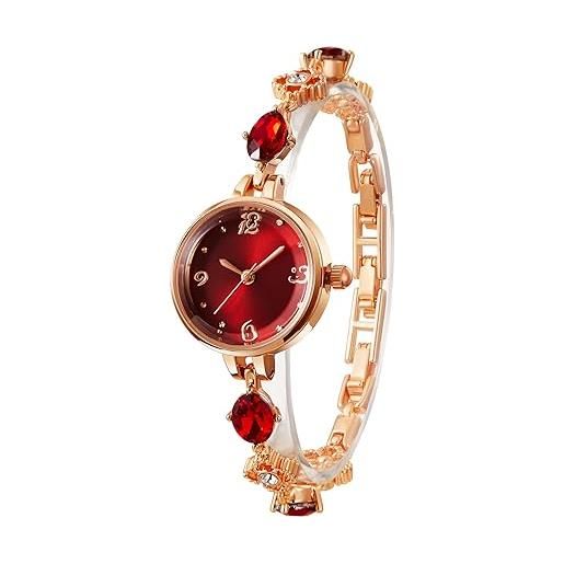 TIME100 orologio donna analogico al quarzo con bracciale in rame intarsiato con pietre preziosecon orologio elegante impermeabile(rosso)