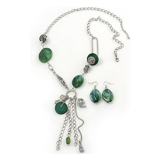 Avalaya set di collana e orecchini lunghi in resina verde con pepita e orecchini in tonalità argento, lunghezza 78 cm (estensione 5 cm), misura unica, resina, gemma