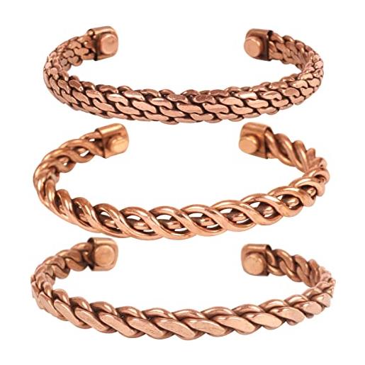 Touchstone copper magnetic healing bracelet tibetan style. Hand forged with solid and high gauge pure copper. Set of 3 different designs in rope braid style