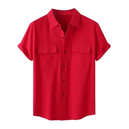 Xmiral camicia a maniche lunghe da uomo estate hawaii tinta unita a maniche corte con doppia tasca camicia antico (3xl, rosso)