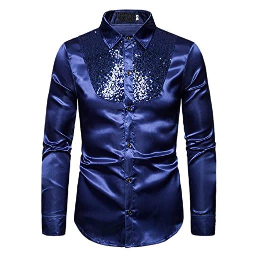FAWHEWX camicia da uomo a maniche lunghe con paillettes glitterate di lusso da uomo camicia da uomo a maniche lunghe con paillettes abbottonata camicia da discoteca per feste(d-blu/m)