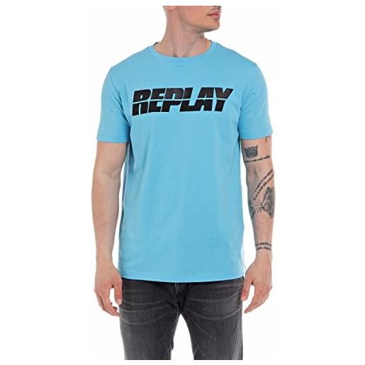 REPLAY t-shirt uomo manica corta con stampa logo, blu (powder blue 786), l