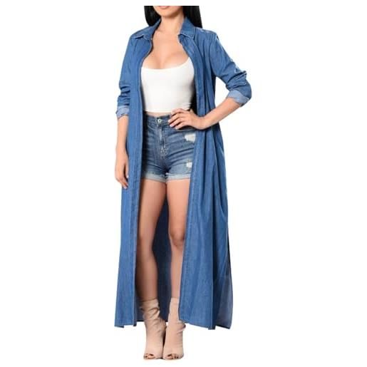 Glkaend donna classic denim trench coats plus size bavero sciolto pulsante lungo giù fessura jean giacca, blu, xl