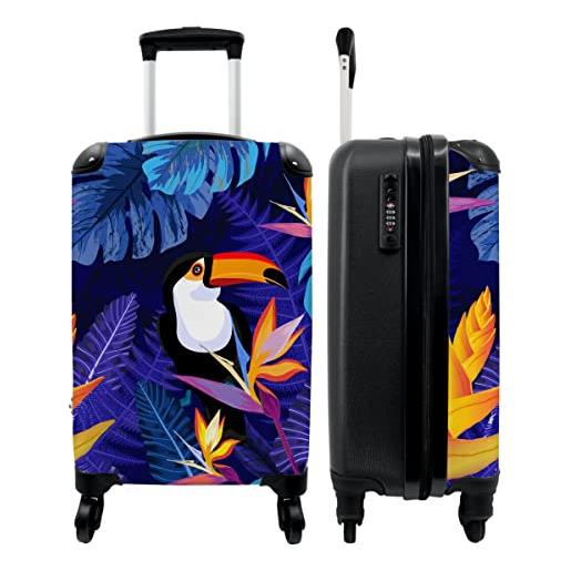 NoBoringSuitcases.com® valigia a mano trolley valigia a rotelle valigia da viaggio piccola con 4 ruote - giungla - tucano - fiori - piante - bambini - viola - animali - bagaglio a mano