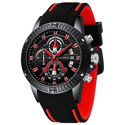 MF MINI FOCUS orologi sportivi da uomo cronografo militare 3atm calendario luminoso impermeabile cinturino in silicone orologio al quarzo per gli uomini, rosso