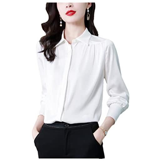 Bciopll camicie di seta in raso da donna tinta unita maniche lunghe pulsante nascosto semplice ol ufficio lavoro camicetta, bianco, xl