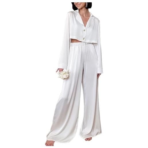 RUHANE pigiama in raso per le donne manica lunga pulsante giù pigiameria breve top pantalone lungo pjs set, bianca, s
