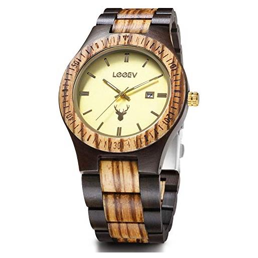 LeeEv orologi in legno, orologio analogico al quarzo giapponese in legno di sandalo zebrato serie uwood per uomo con orologio da polso unisex con calendario