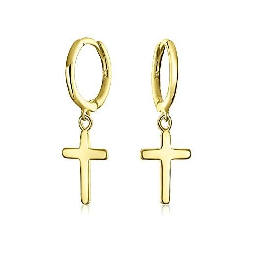 Bling Jewelry piccoli orecchini a cerchio pendenti con ciondolo religioso semplice a croce per donne uomini e adolescenti placcati in oro giallo. 925 in argento sterling