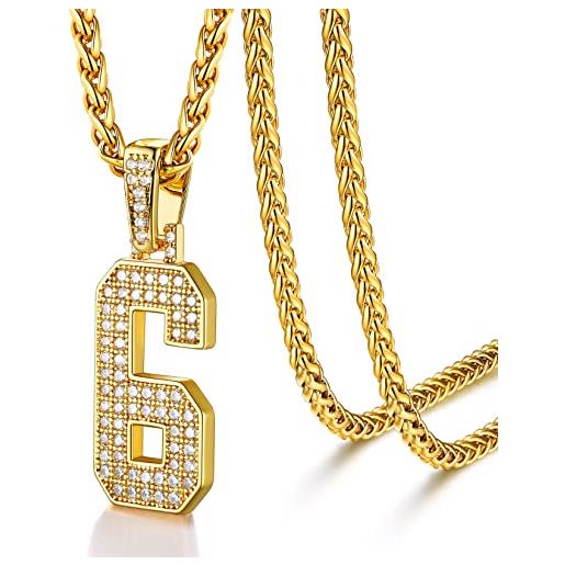 U7 collana con ciondolo numero 6 in oro con zircone pieno numero 6 pendente per uomo donna hip hop collana con numero di zirconi