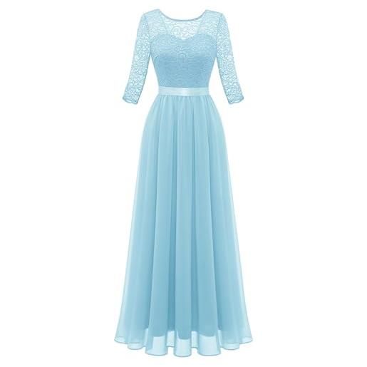 Berylove - abito da sera elegante e lungo da donna con maniche a 3/4, per matrimoni, da cocktail, per feste e balli, azzurro, xxl