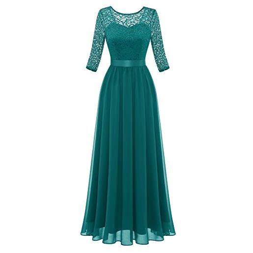 Berylove - abito da sera elegante e lungo da donna con maniche a 3/4, per matrimoni, da cocktail, per feste e balli, verde pavone, xs