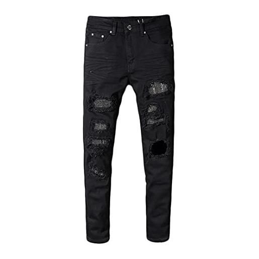 Alloaone jeans strappati con patchwork di strass di cristallo slim skinny da uomo pantaloni in denim elasticizzato nero black 30