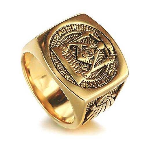 Sping Jewelry mens massonic fatith anelli placcati in oro acciaio inossidabile massone simbolo pilastri occhio che tutto vede fascia con sigillo7-15