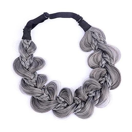 BOBIYA kinky zucca capelli sintetici fascia intrecciata larga trecce elastica fascia per donne ragazze (grigio scuro)