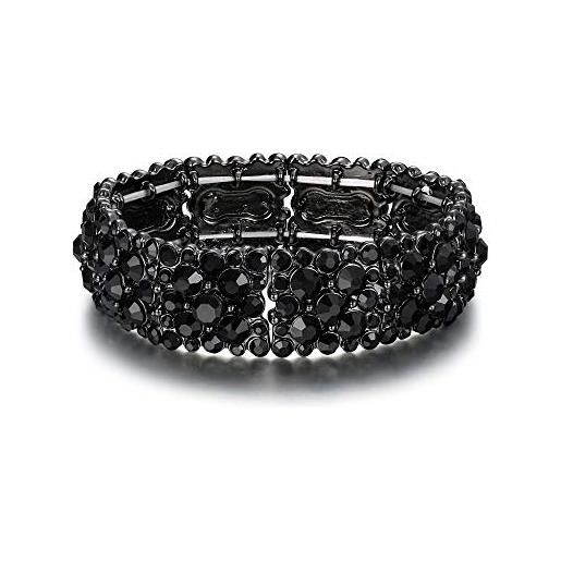 EVER FAITH braccialetto donna, rotonda cristallo sposa vintage stile floreale elasticità bracciale per donne nero nero-fondo