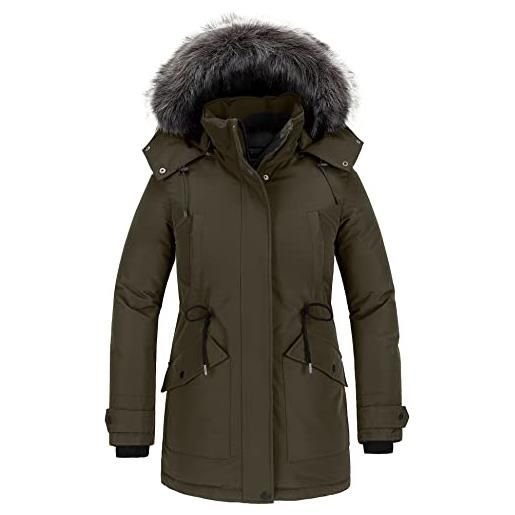CHIN·MOON giacca invernale imbottita calda cappotto con cappuccio con pelliccia parka da esterno spessa a vento coat hood warm windproof donna verde militare m