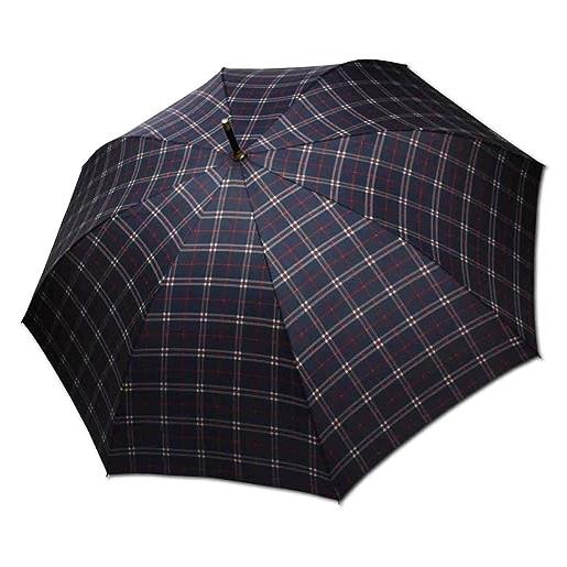 H.DUE.O ombrello grande xxl resistente con impugnatura vero legno. Antivento robusto, lungo, fantasia classica scozzese [kilt] [navy blu]