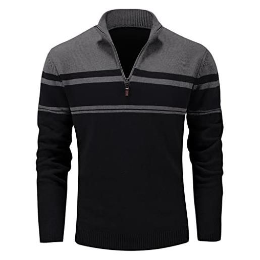 MAGCOMSEN maglione da uomo a maglia con colletto alto, 1/4 zip, a righe, in cotone, a maniche lunghe, in pile, elasticizzato, per autunno e inverno, nero / grigio chiaro, xxl