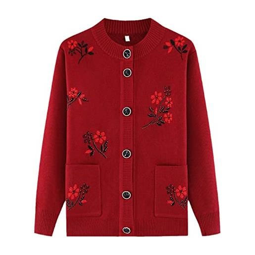 Yuntanu nonna maglieria cardigan giacca sciolto manica lunga maglione outwear monopetto tasca donna breve maglia top, rosso vino, 4xl