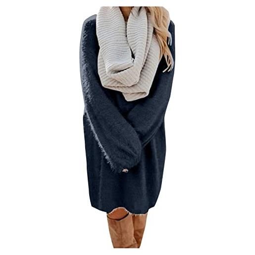 MeiLyviba abito invernale, da donna, a maglia, con scollo rotondo, in tinta unita, lungo, in lana, a maglia, a633 blu scuro, s