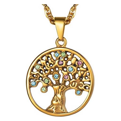 PROSTEEL collana pendente donna cindolo tondo albero della vita cuore con zirconi, catena regolabile 55 60 cm, acciaio inossidabile, argento (confezione regalo)