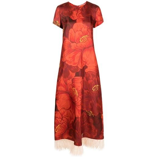 La DoubleJ floral-patterned feather-trim dress - rosso