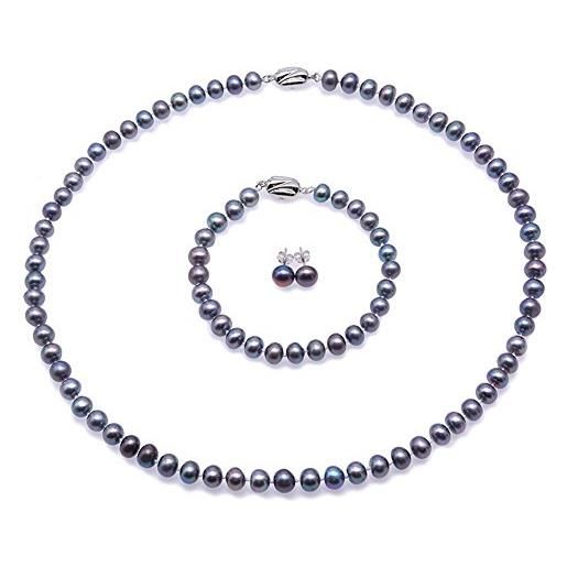 JYX Pearl jyx, set di gioielli 3 in 1 con perle d'acqua dolce grigie e blu da 7 - 8 mm, set collana, bracciale e orecchini, perla, perla