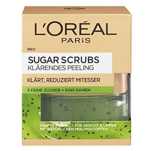 L'Oréal Paris sugar scrubs - detergente per il viso, peeling delicato con cristalli di zucchero naturali e semi di kiwi, riduce i pori e i punti neri, 50 ml