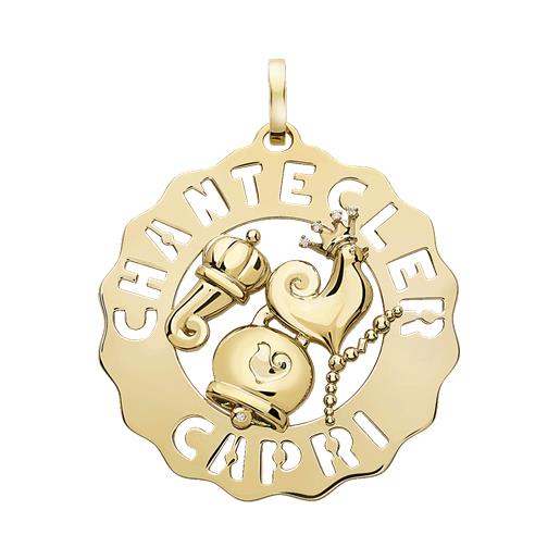 Chantecler Capri ciondolo chantecler logo grande in oro giallo con gallo, campanella e cornetto