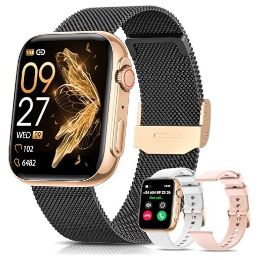 DekeFit smartwatch donna con chiamate, 1.85 hd schermo orologio smartwatch con 24h cardiofrequenzimetro/spo2/sonno always-on display ip68 fitness tracker notifiche messaggi per android ios oro. Nero