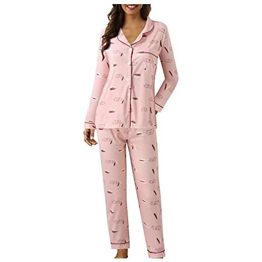 Momolaa pigiama invernale aperto davanti completo pigiama pigiama a maniche lunghe in due pezzi con stampa a a con piume e bottoni casual da donna giacca e pantalone (pink #8, m)