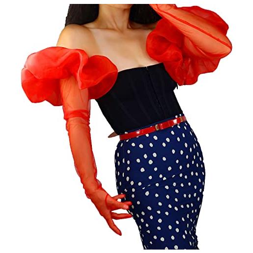 DooWay guanti da sera in rete da donna, stile vintage, con apertura a sbuffo e volant e tulle per feste super lunghe e fantasiose, rosso, m