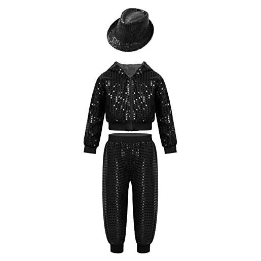 Freebily completo sportivo da danza moderna jazz bambini e ragazzi unisex tuta da ginnastica artistica paillettes giacca con cappuccio + pantaloni + cappello dancewear nero 11-12 anni