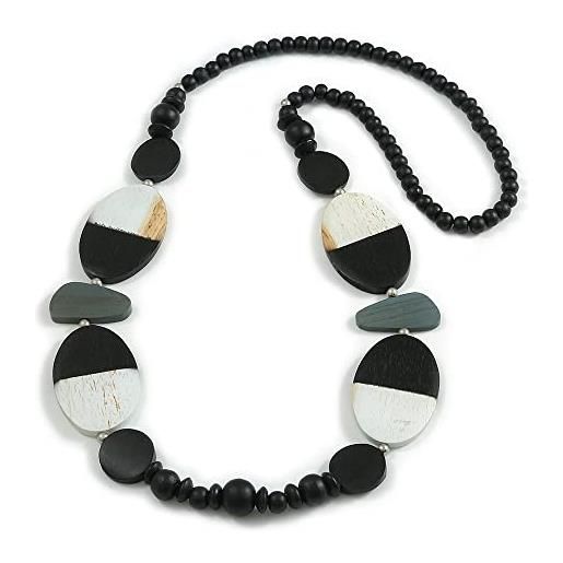 Avalaya collana lunga con perline in legno dipinte geometriche bianco, nero, grigio, lunghezza 90 cm, legno