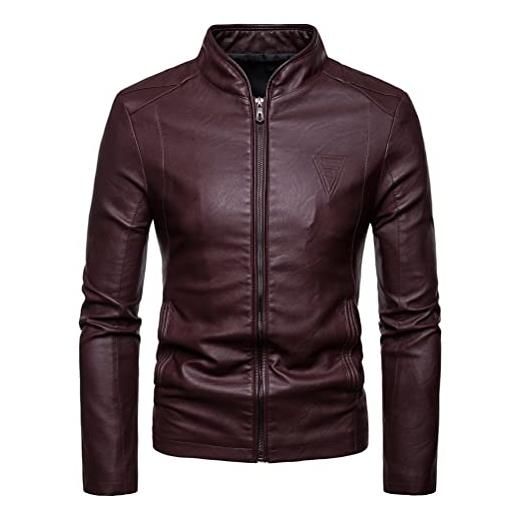 HuiXinXue uomo giacca di pelle vintage moda pelle pu biker jacket collo coreana giacche di transizione base design pulito giacca in similpelle classiche casual (bordeaux, m)