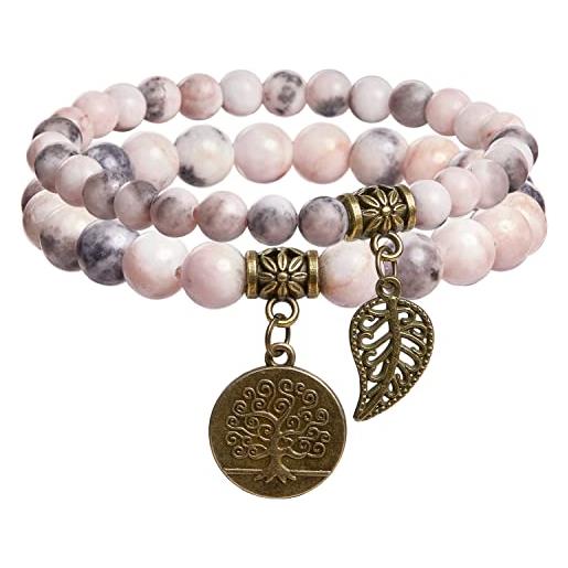 Farfume braccialetti chakra da donna - bracciale con cristalli di pietre curative per donna bracciale con pietre preziose naturali - un set di braccialetti con doppia perla(jasper zebra rosa)