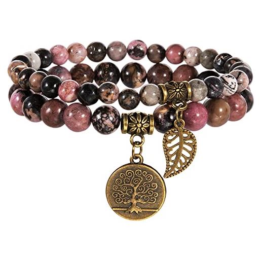 Farfume braccialetti chakra da donna - bracciale con cristalli di pietre curative per donna bracciale con pietre preziose naturali - un set di braccialetti con doppia perla(perle di rodonite)