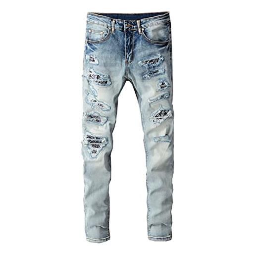 Alloaone jeans da uomo con patchwork stampati bandana paisley pantaloni streetwear con fori strappati pantaloni in denim elasticizzato slim pantaloni skinny a matita blue 29