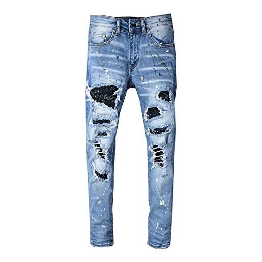 Alloaone jeans strappati blu chiaro con patchwork di strass in cristallo da uomo pantaloni in denim elasticizzato skinny slim fit sky blue 28