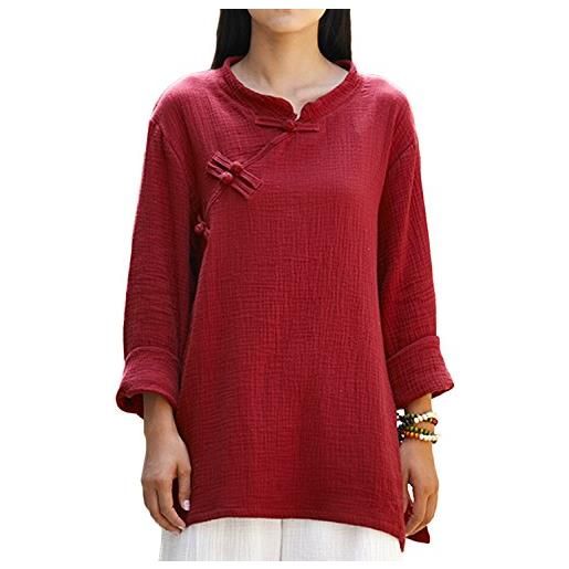 XuyIeY camicette da donna in lino a maniche lunghe casual traspiranti con lati divisi, rosso vinaccia, taglia unica