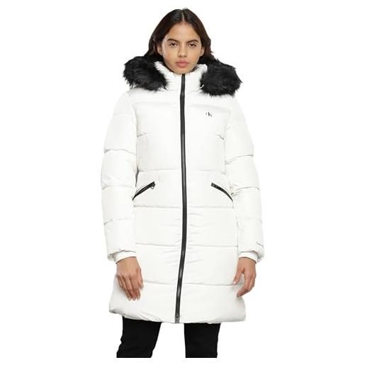 Calvin Klein Jeans cappotto donna faux fur hooded fitted long invernale, bianco (ivory), xs